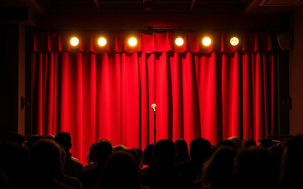 A microphone on a comedy club stage with a red curtain
