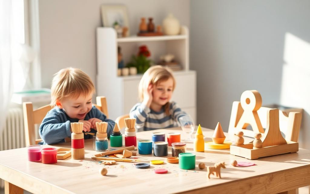 Children painting at a bright craft table