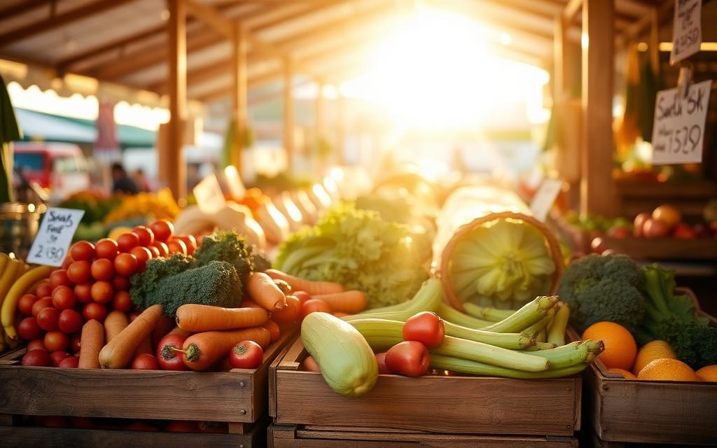 Wooden crates of fresh produce at a sunny farmers market