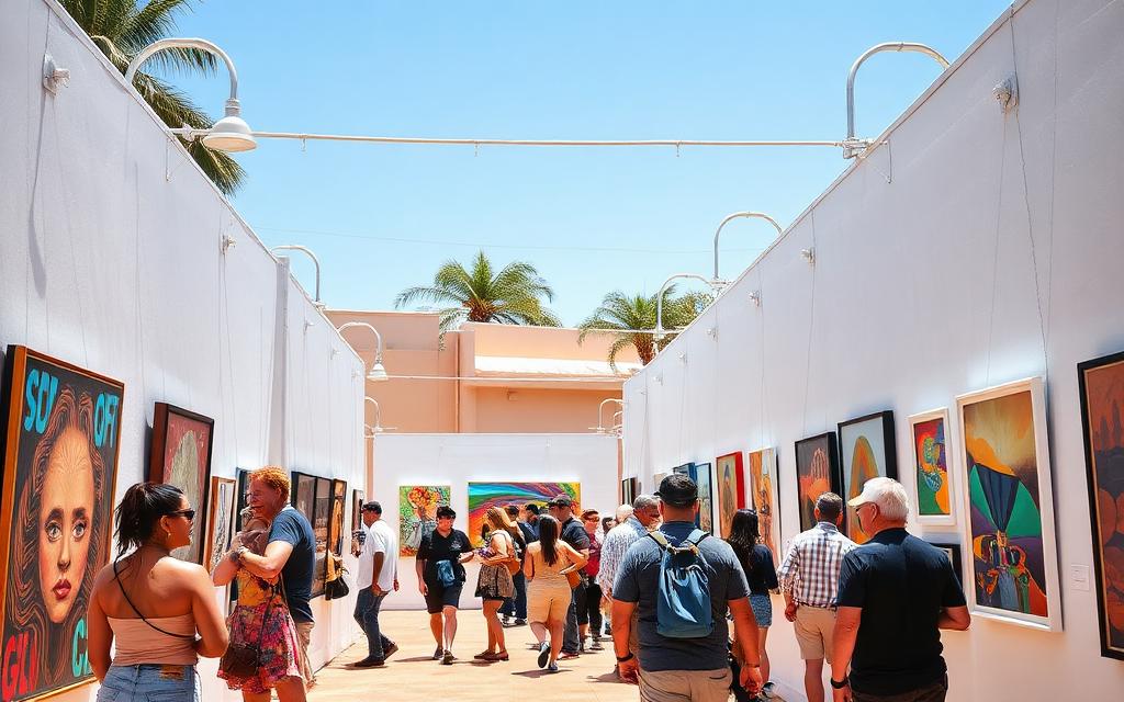 Visitors at a sunny open-air gallery walk with colorful artwork