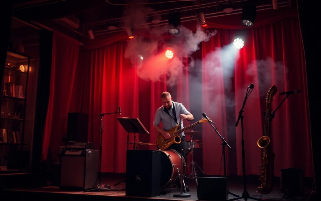 A guitarist on a small stage with red curtains and warm stage lights