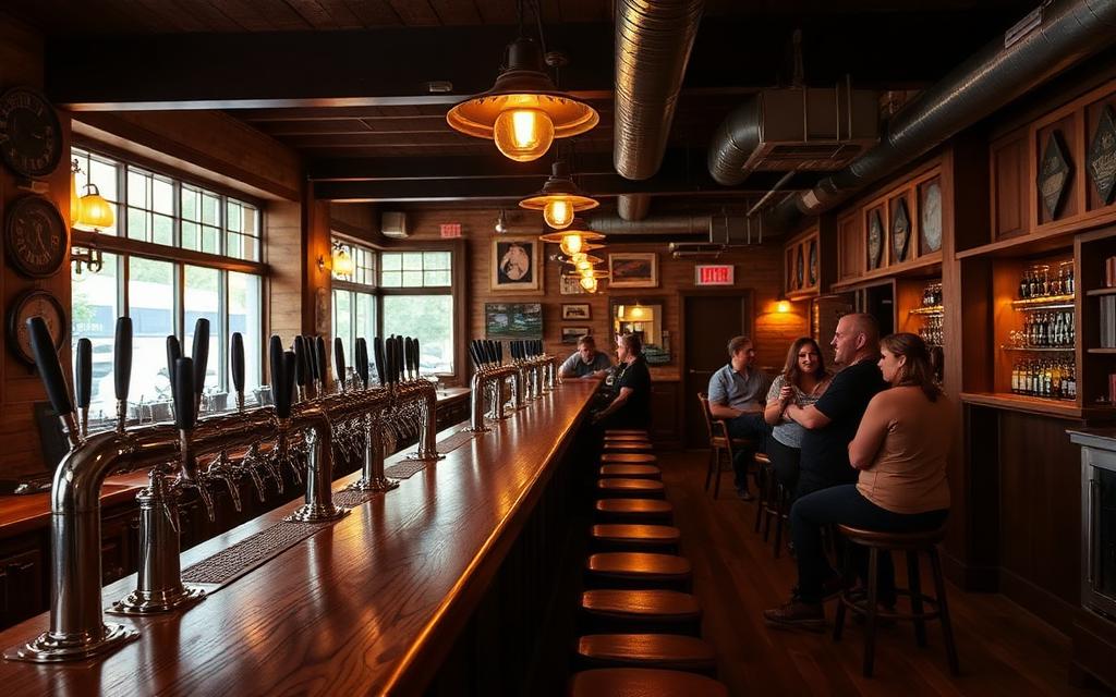 A cozy taproom with a long wooden bar and rows of tap handles